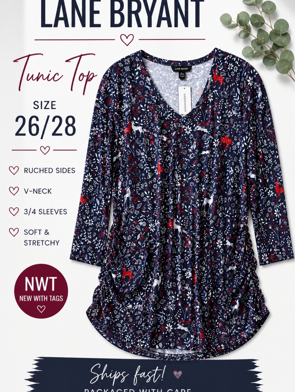Lane Bryant Women’s Plus Size 26/28 Navy Floral Deer Print Tunic Top